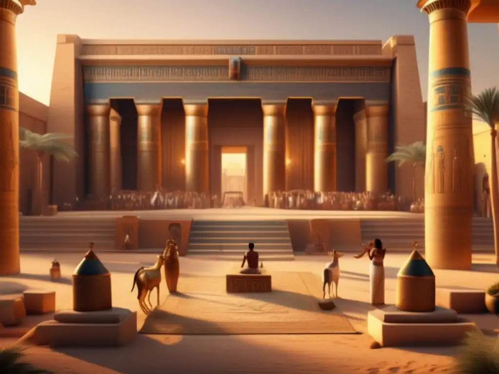 Esplendor en el Antiguo Egipto: Un palacio con música y danza Escena divina de entretenimiento en palacios del Nilo: músicos y danzantes en un lujoso patio egipcio al atardecer, con un resplandor dorado del sol