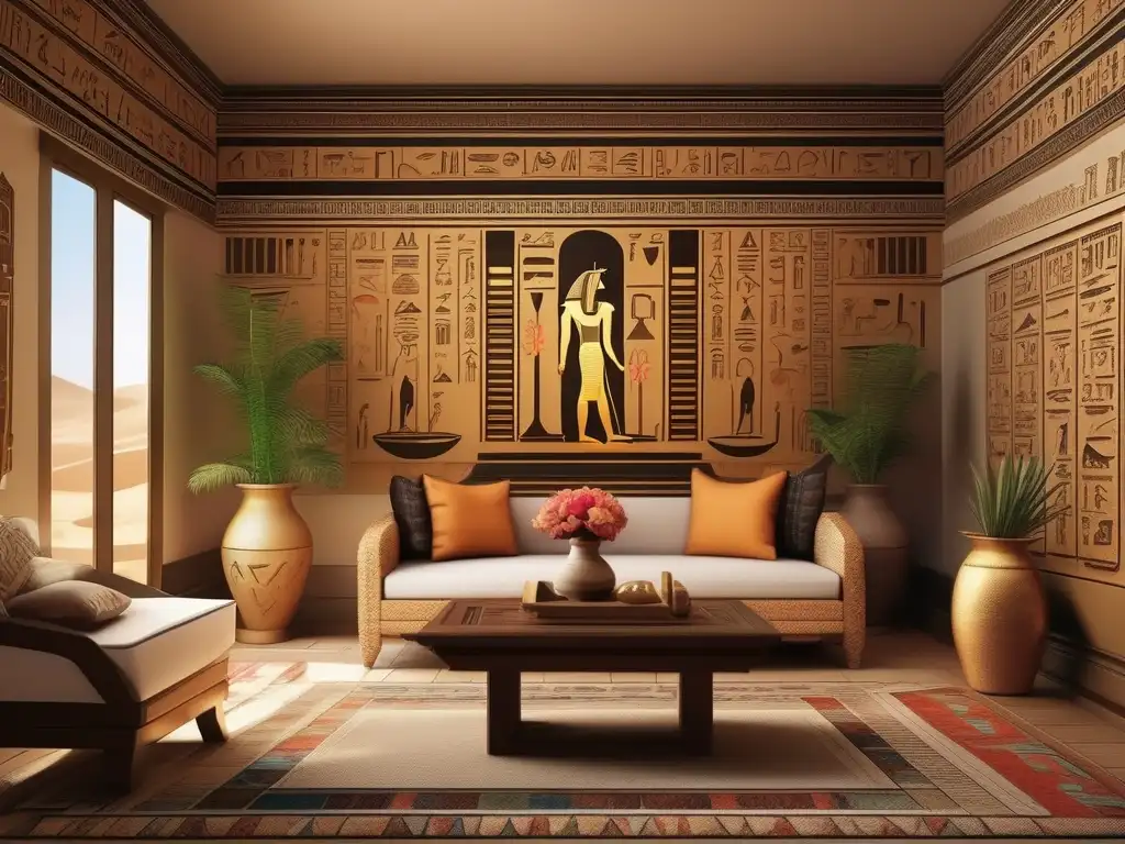 Una escena doméstica en el Antiguo Egipto, muestra una sala de estar bellamente decorada en un estilo artístico vintage