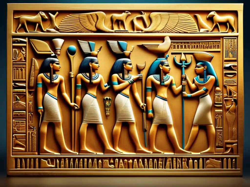Escena dramática de la mitología egipcia en bajorrelieve vintage de gran detalle, resaltando las técnicas de bajorrelieve en Egipto