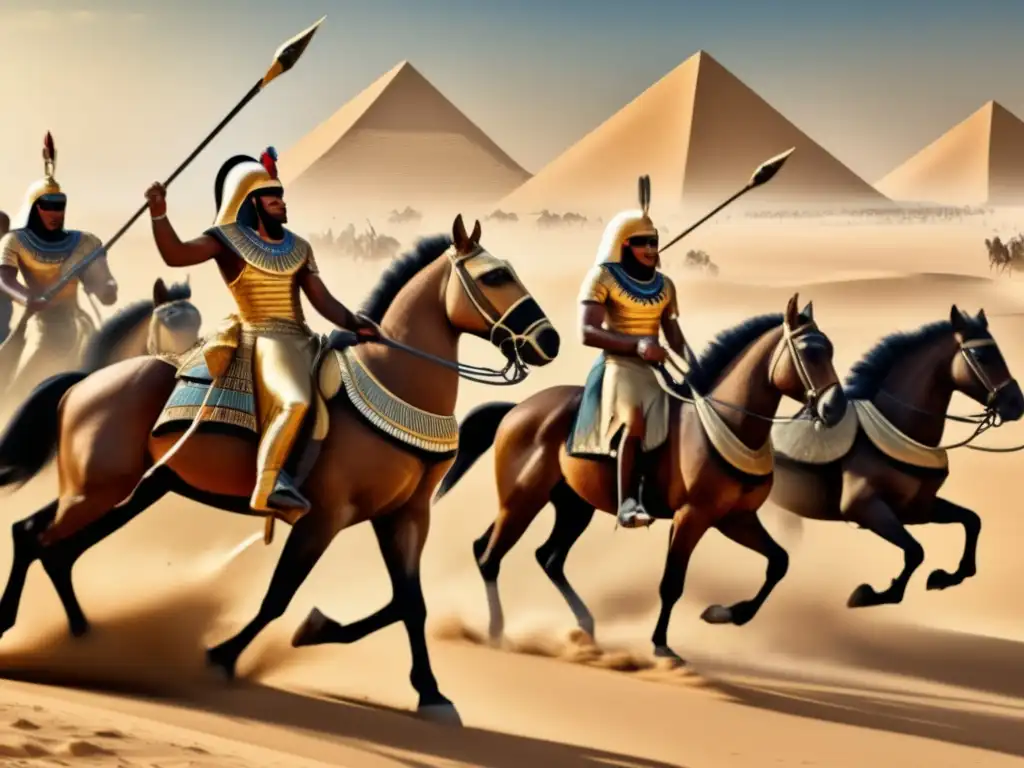 Escena épica de guerra egipcia con animales en un vasto desierto