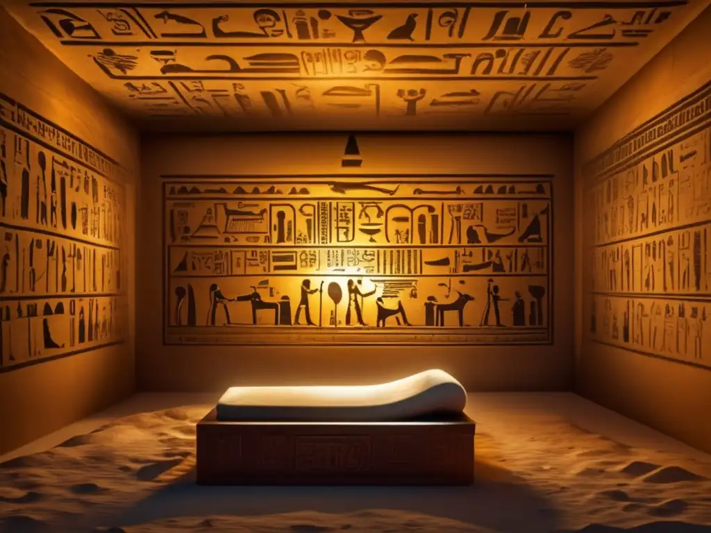 Escena fascinante de un examen post mortem en el Antiguo Egipto, revelando secretos milenarios en una cámara iluminada por tenues lámparas de aceite