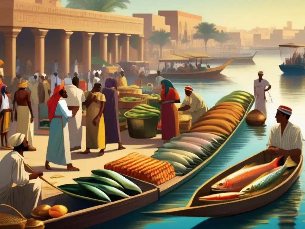 Escena idílica en el antiguo Egipto: un bullicioso mercado a lo largo del río Nilo, donde se vende pescado fresco como tilapia, bagre y mullet