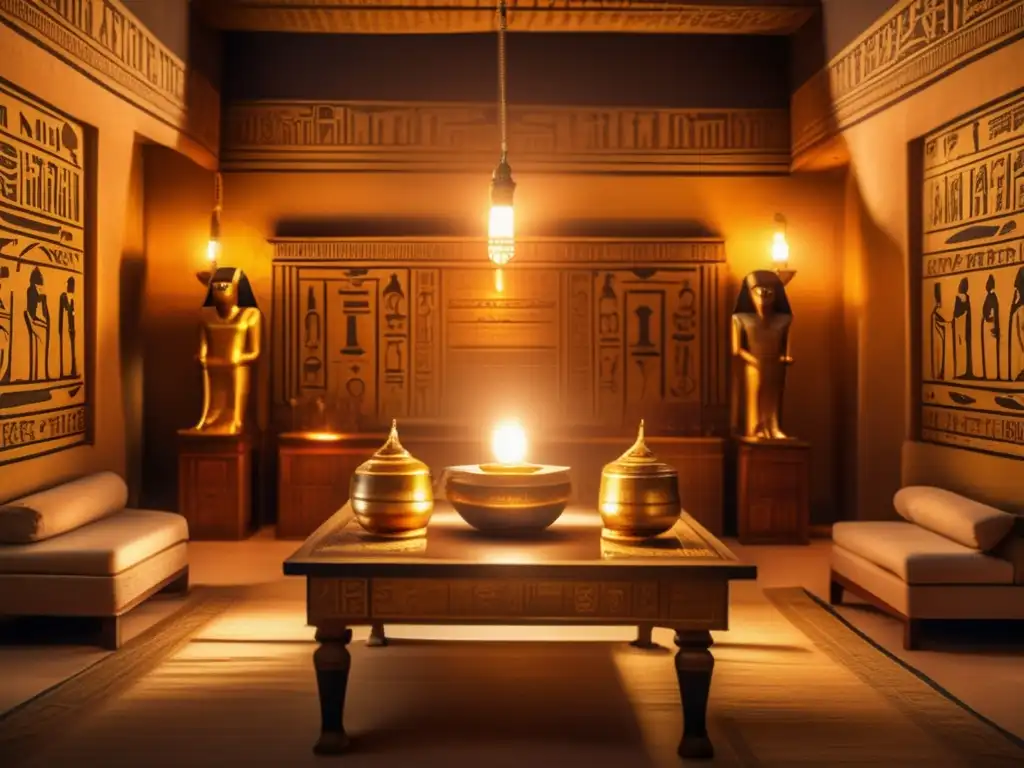 Escena intrigante de espionaje en el Antiguo Egipto: Una sala con iluminación tenue, decorada con jeroglíficos y estatuas doradas de faraones
