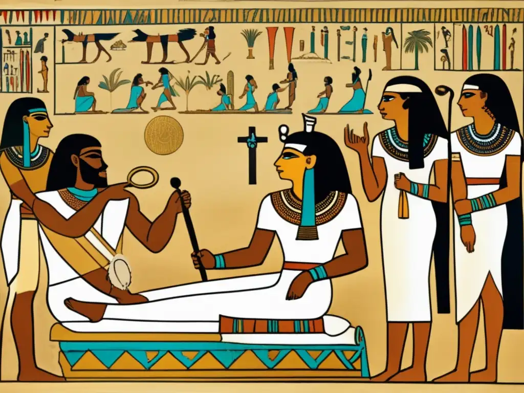 Escena médica antigua en Egipto: médicos discutiendo tratamientos de la lepra en una cámara misteriosa y decorada con jeroglíficos