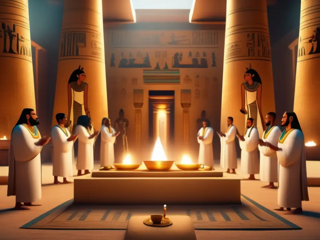 Una escena mística y reverente de la liturgia egipcia antigua se despliega en un templo bellamente adornado