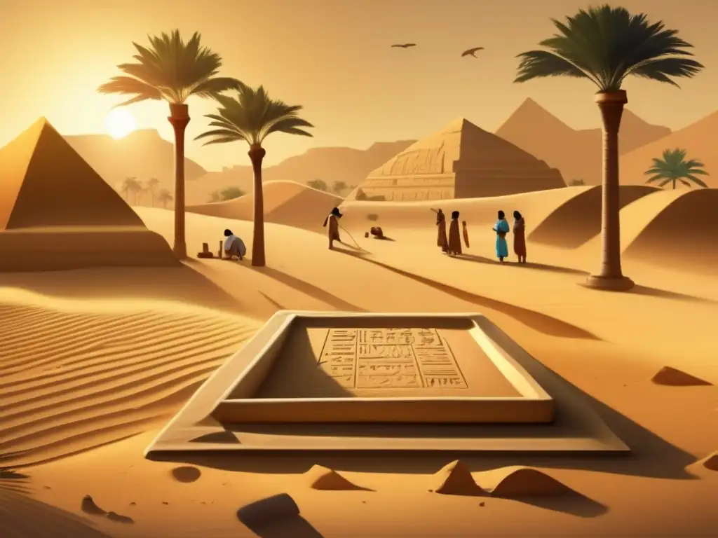 Una escena nostálgica y atemporal en Egipto antiguo, con arqueólogos desenterrando un antiguo sistema educativo entre dunas y palmeras