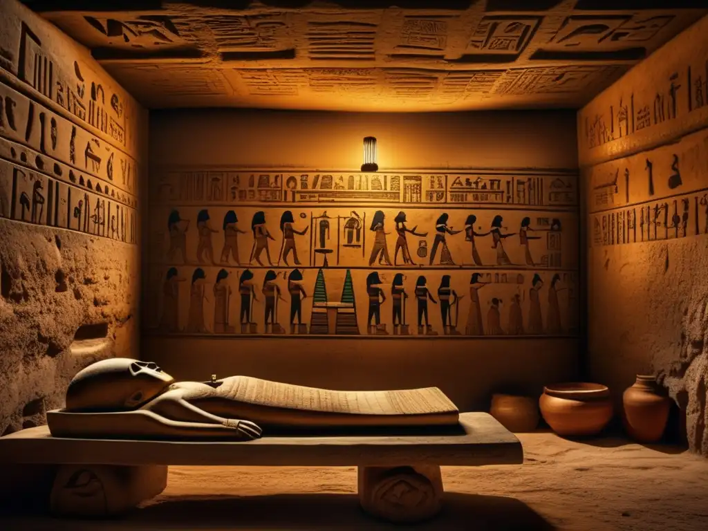 Escena de ritual de momificación antiguo Egipto: embalsamador envuelve meticulosamente una momia en una sala iluminada con símbolos y jeroglíficos