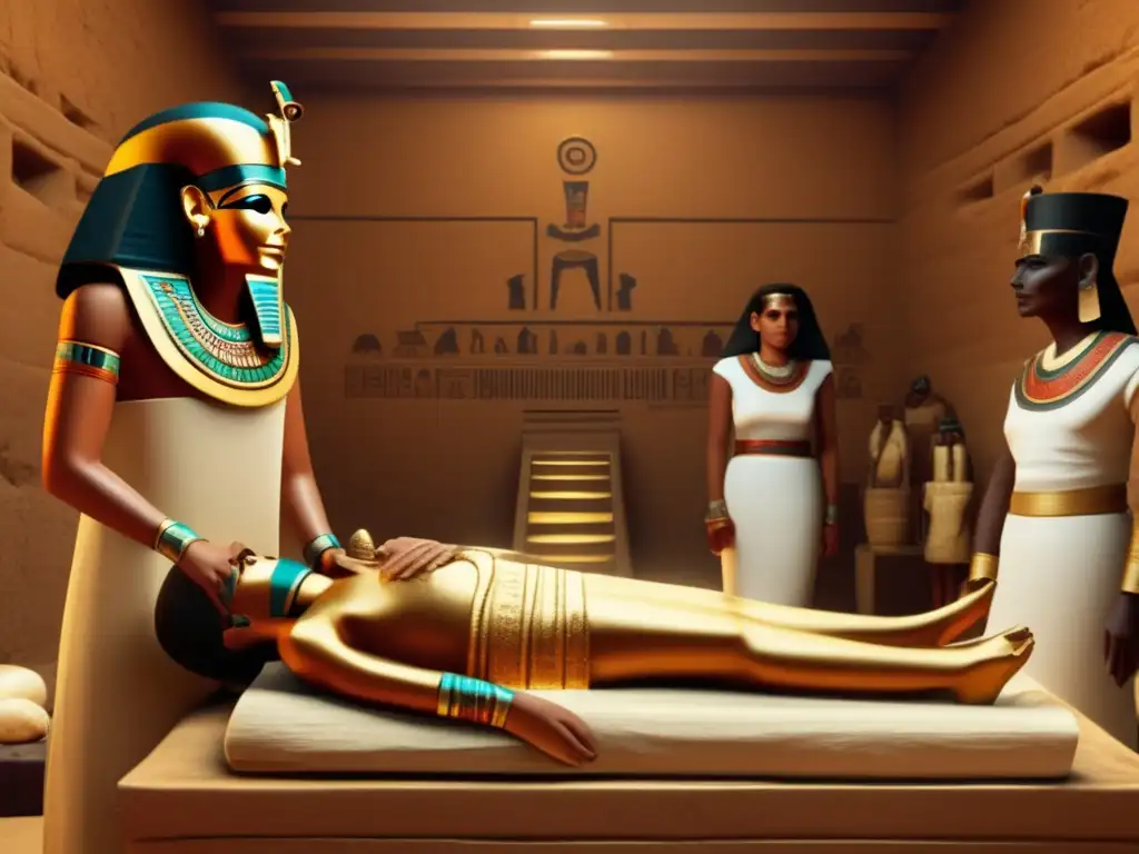 Escena de ritual momificación antiguo Egipto: Un hábil embalsamador envuelve con cuidado vendas de lino alrededor de un cuerpo preservado en una habitación iluminada por rayos de sol