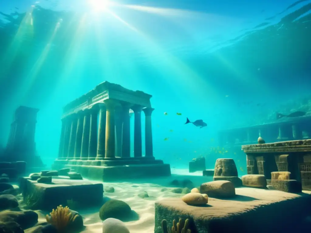Descubrimiento arqueológico de Heracleion: una escena submarina antigua y fascinante con ruinas sumergidas, templos y jeroglíficos