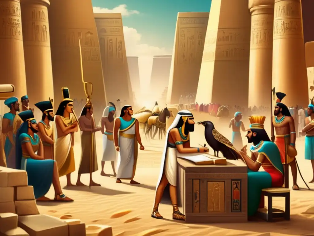 Una escena vibrante en la antigua Egipto muestra el papel de los escribas en la Administración en la civilización egipcia