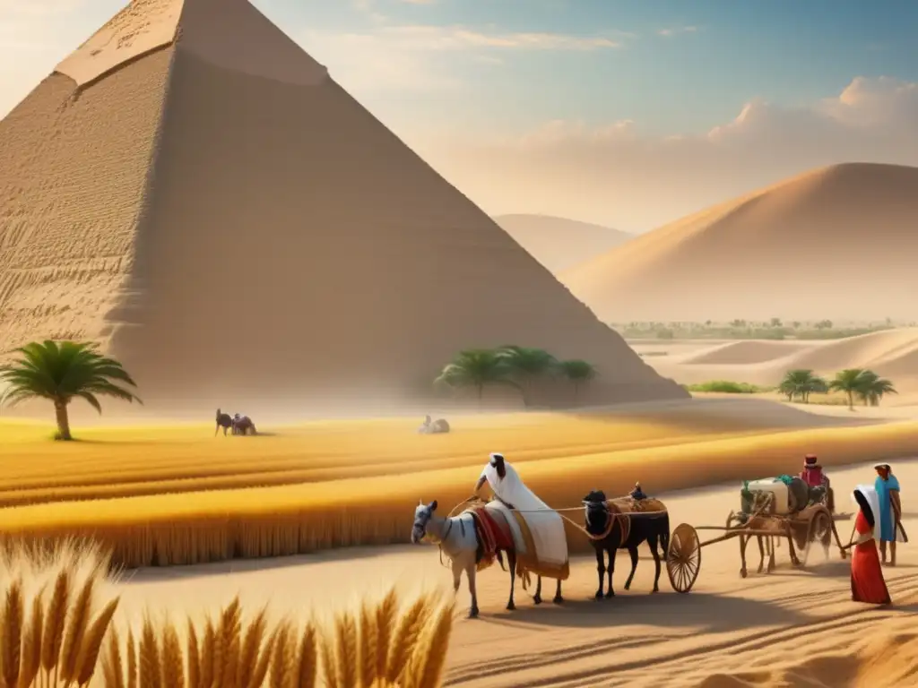 Escena vibrante del antiguo Egipto: agricultores trabajando en cultivos perdidos del Antiguo Egipto, con el Nilo y las pirámides de fondo