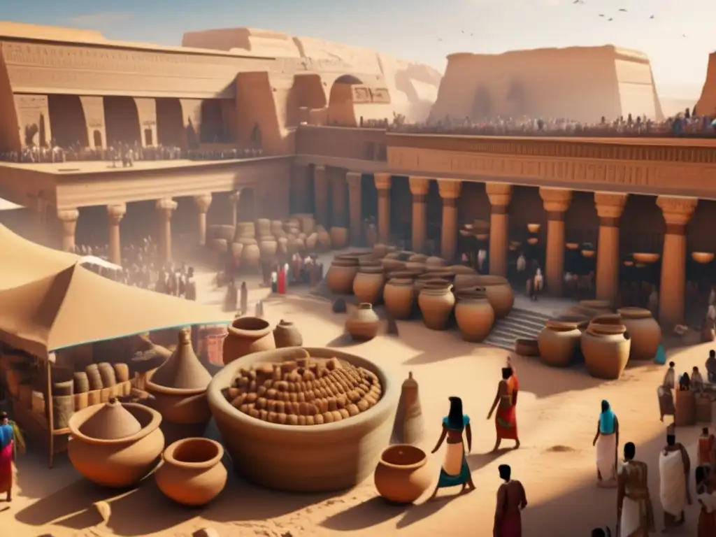 Una escena vibrante en el antiguo Egipto muestra un mercado bullicioso donde la alfarería juega un rol central