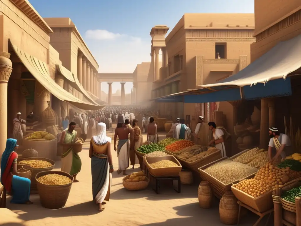 Escena vibrante del antiguo Egipto en tiempos inciertos, capturando la economía y la agricultura
