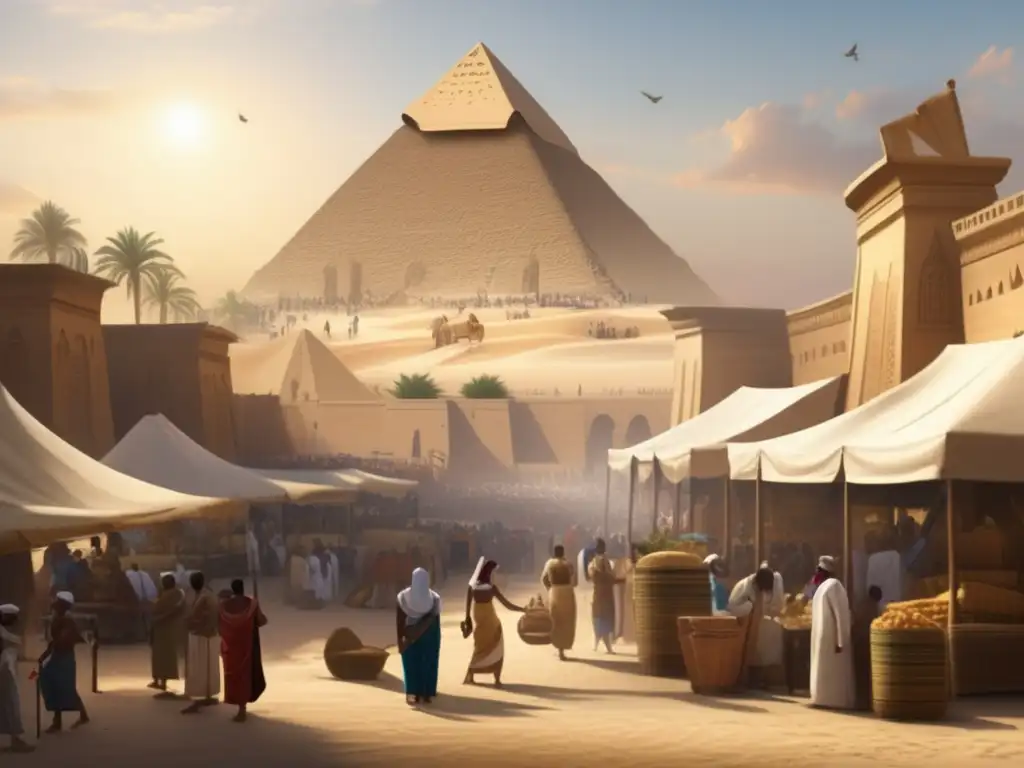 Una escena vibrante de un bullicioso mercado en el antiguo Egipto, donde diferentes clases sociales interactúan en actividades cotidianas