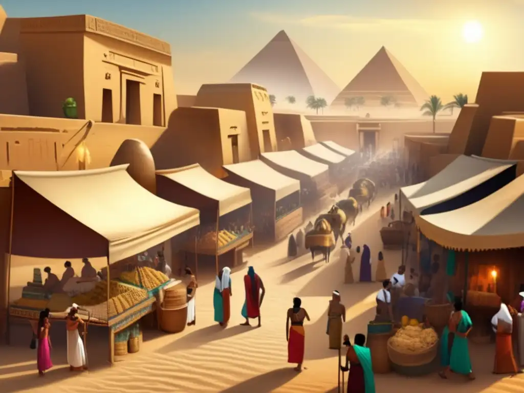 Una escena vibrante de un bullicioso mercado en el antiguo Egipto, que muestra la vida cotidiana en el Antiguo Egipto a través de recientes hallazgos arqueológicos