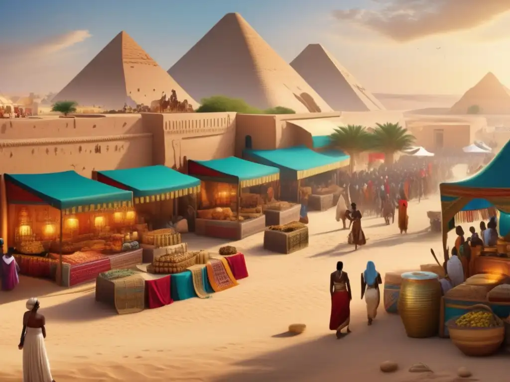 Una escena vibrante de Nubia y Egipto, mostrando sus conquistas, alianzas y arte en un bullicioso mercado junto al majestuoso Nilo al atardecer