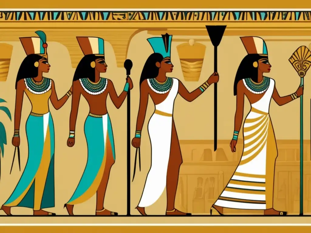 Una escena vibrante de un desfile de moda antiguo en Egipto, donde hombres y mujeres lucen vestimentas exquisitas y joyería intrincada
