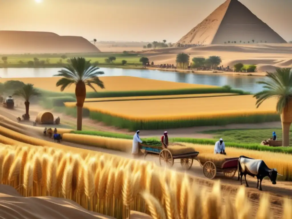 Una escena vibrante muestra la revolución agrícola en Egipto con maquinaria avanzada y exuberantes campos de cultivo en tonos vintage