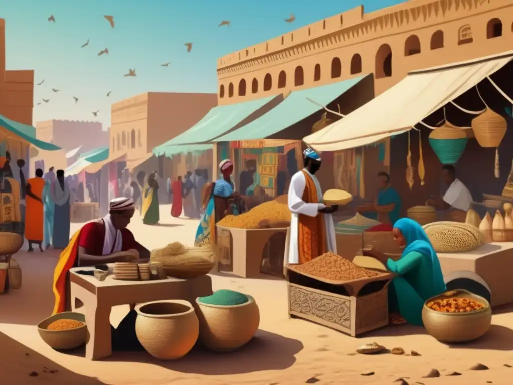 Escena vibrante de un mercado antiguo en Nubia, con comerciantes y clientes enérgicos