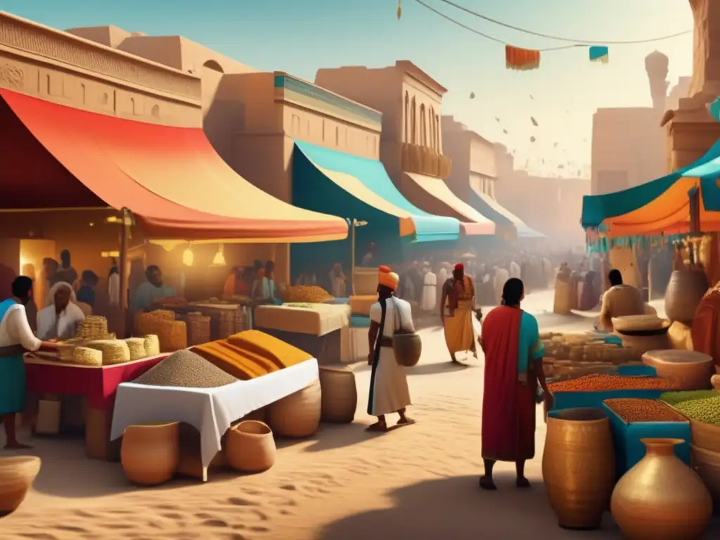 Escena vibrante de un mercado en el Egipto PreDinástico, con comerciantes, clientes y un majestuoso atardecer dorado