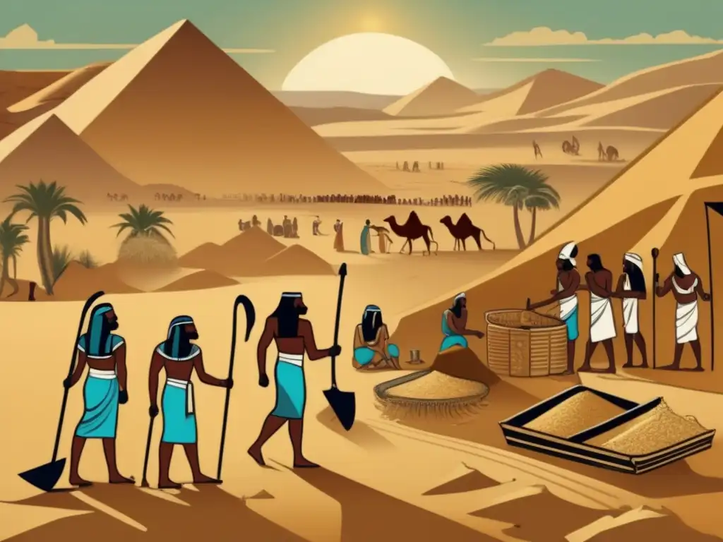 Una escena vibrante de minería en el antiguo Egipto, con trabajadores en trajes tradicionales extrayendo oro en medio del desierto