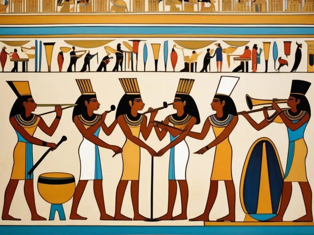 Escena vibrante de músicos tocando instrumentos egipcios antiguos en un patio con palmeras y cielo azul
