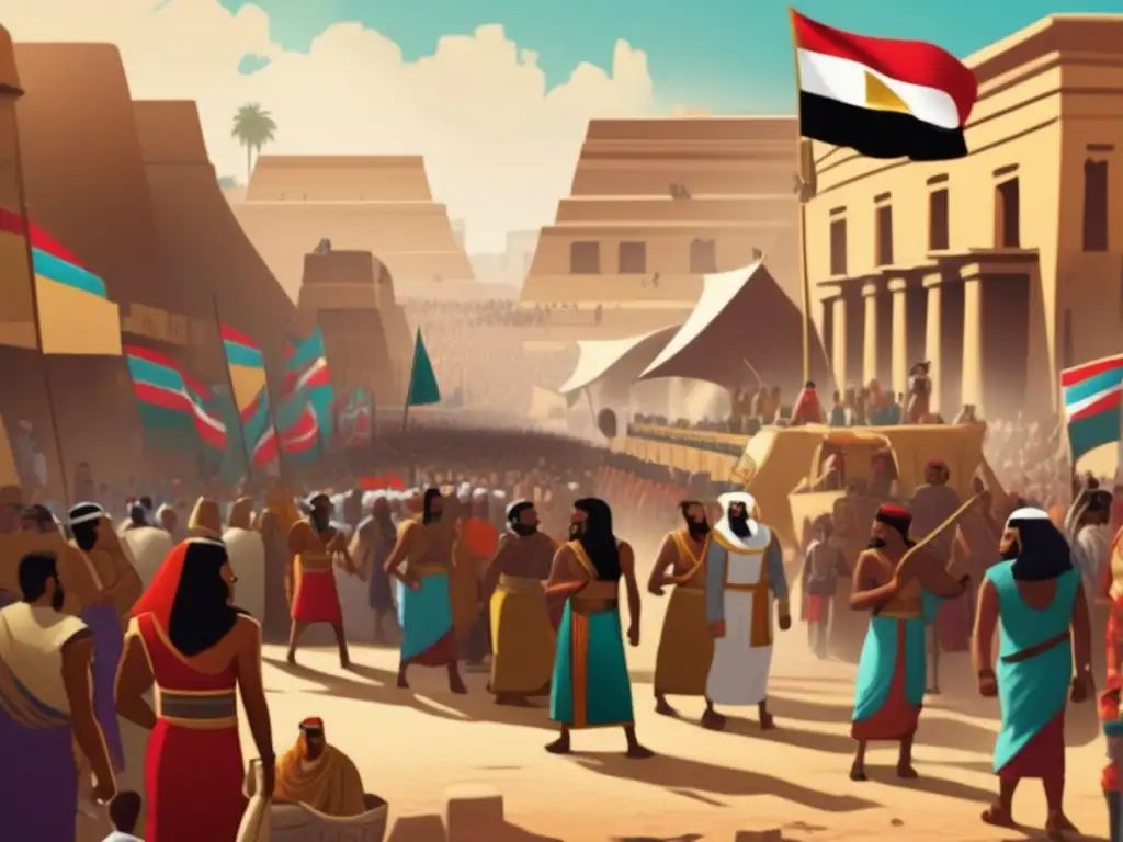 Escena vibrante de rebeliones en el Nuevo Reino de Egipto: mercado bullicioso, protestas y soldados leales