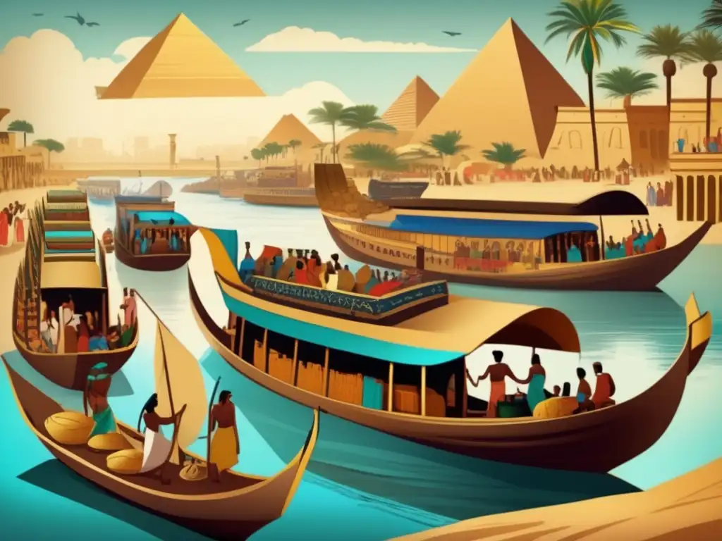 Escena vibrante de transporte de mercancías en el antiguo Egipto a lo largo del río Nilo