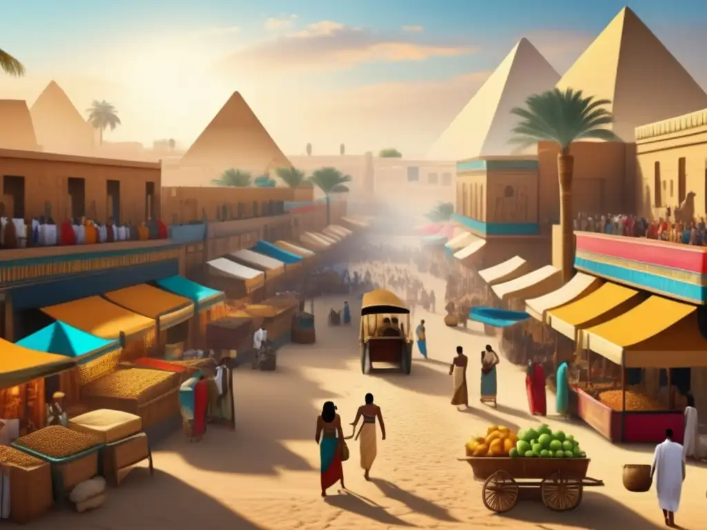 Escena vibrante de la vida cotidiana de los antiguos egipcios capturada en papiros y colores vivos en un bullicioso mercado de una ciudad egipcia