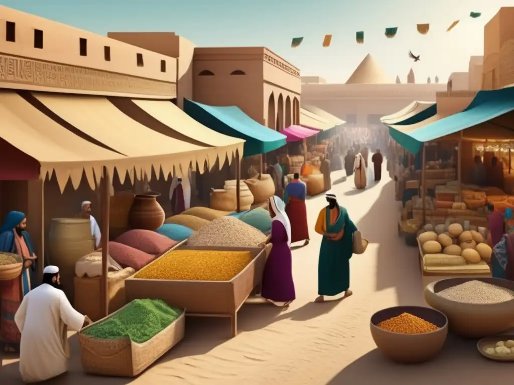 Escena vintage de un animado mercado en Mesopotamia y Egipto, con interacción cultural y comercio de productos y ideas
