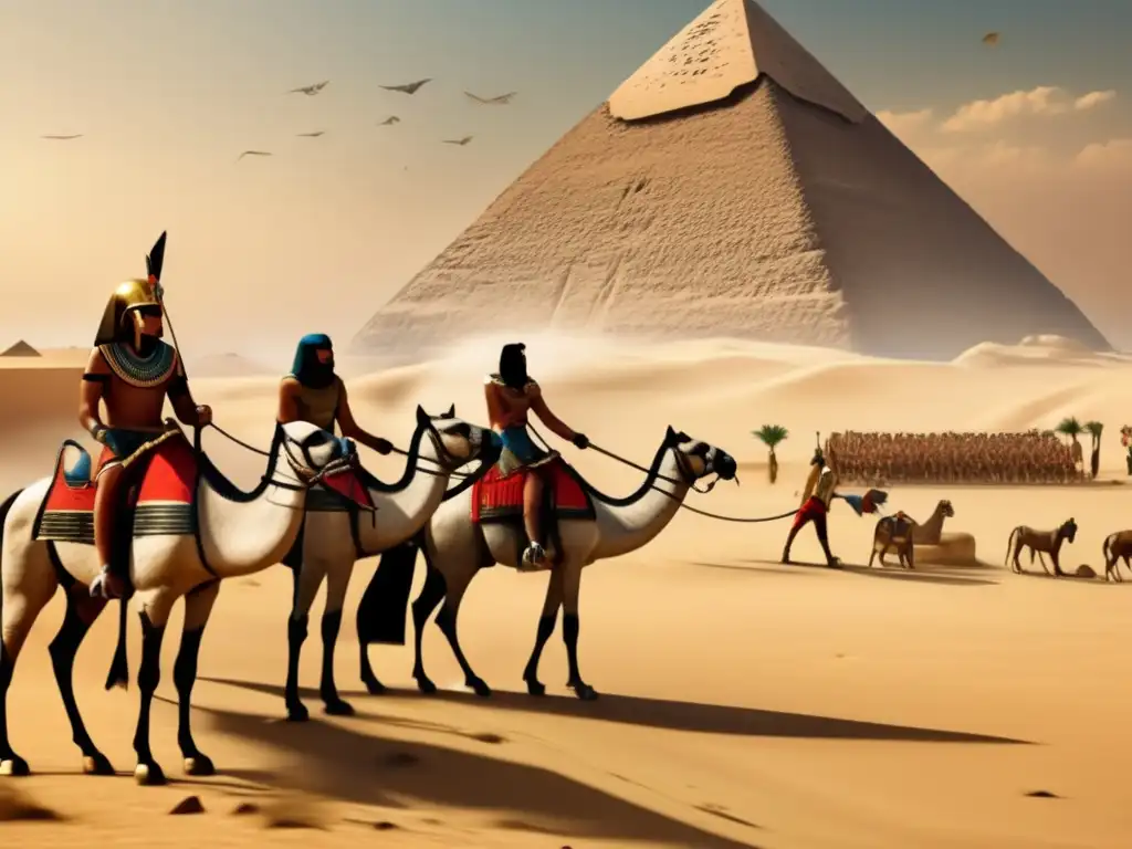 Escena vintage de animales en la guerra egipcia: elefantes y caballos marchan con determinación en un campo de batalla cerca de las pirámides de Giza