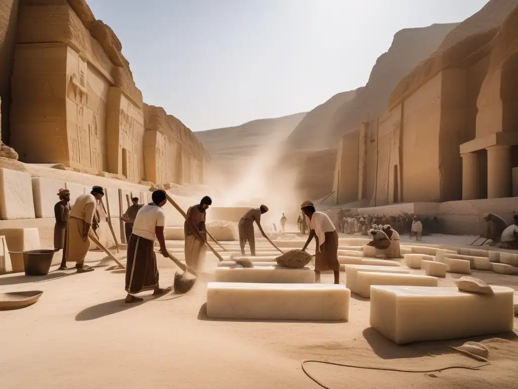 Escena vintage en Egipto antiguo con trabajadores extrayendo mármol blanco