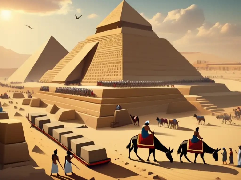 Una escena vintage que muestra una bulliciosa construcción en el antiguo Egipto