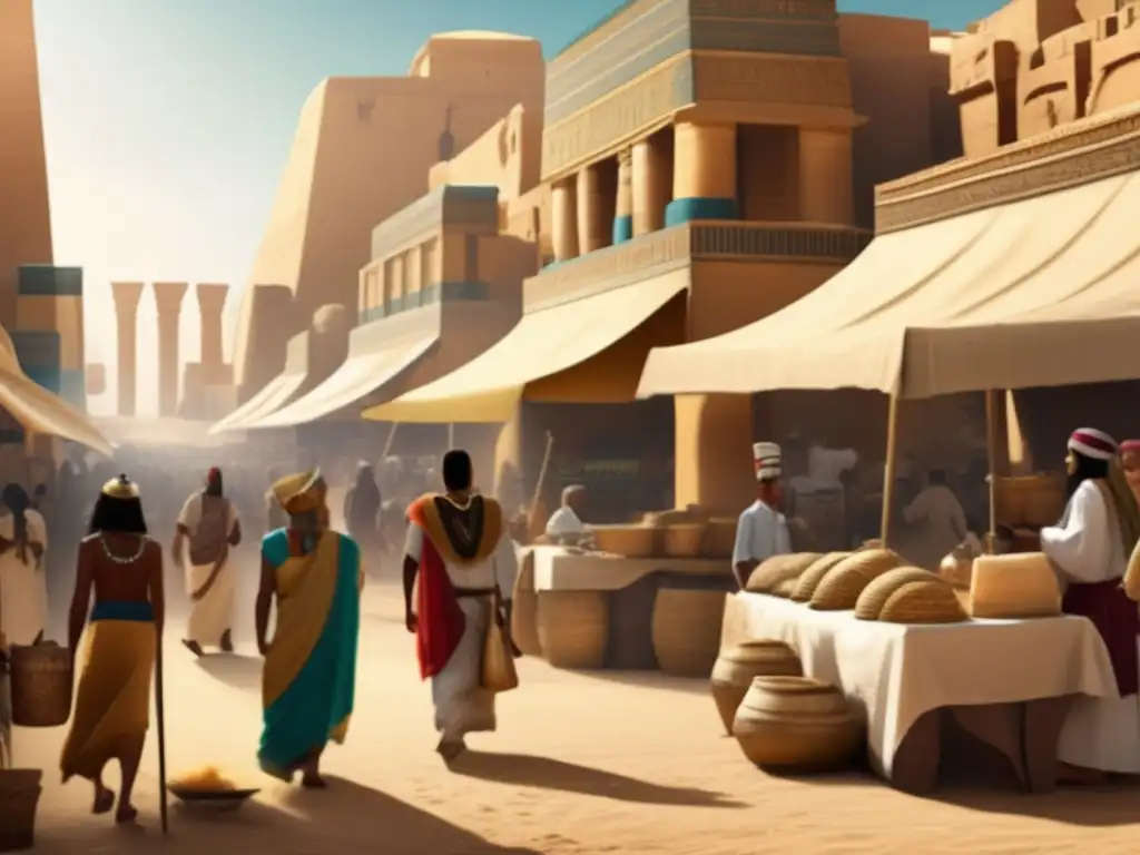 Escena vintage en el bullicioso mercado del antiguo Egipto, documentando transacciones con papiros en el comercio
