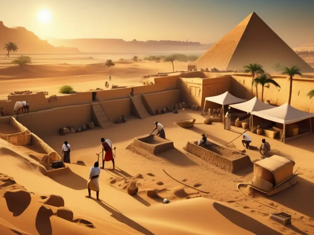 Una escena vintage de una excavación arqueológica en el antiguo Egipto a lo largo del Nilo occidental