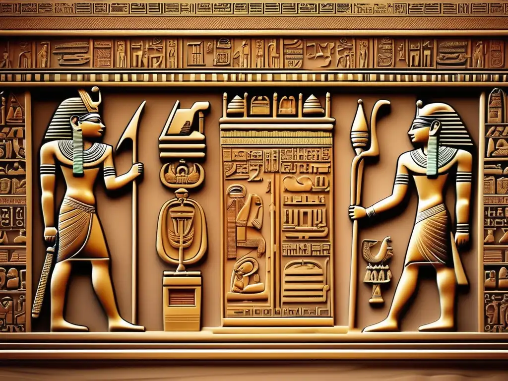 Una escena vintage fascinante de un muro de un templo egipcio adornado con intrincados jeroglíficos en la decoración de templos