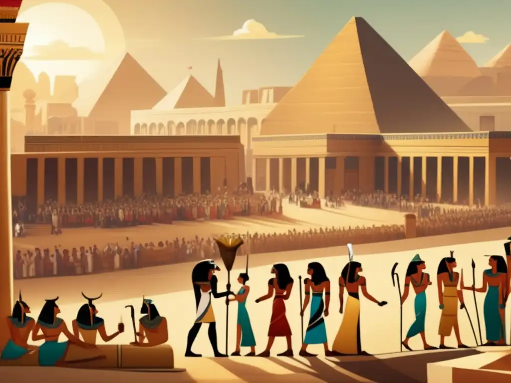 Una escena vintage de Egipto durante el Tercer Periodo Intermedio, con una ciudad bulliciosa y majestuosos templos y palacios en el fondo