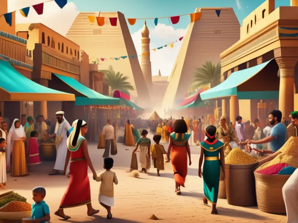 Una escena vívida y detallada en 8k muestra el bullicioso mercado de moda infantil en el Antiguo Egipto