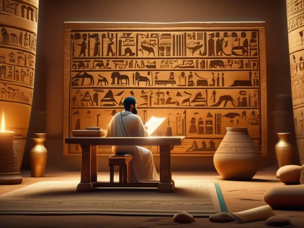 Un escenario antiguo cobra vida en Egipto: un hábil escriba egipcio trabaja en un papiro, rodeado de jeroglíficos y documentos egipcios