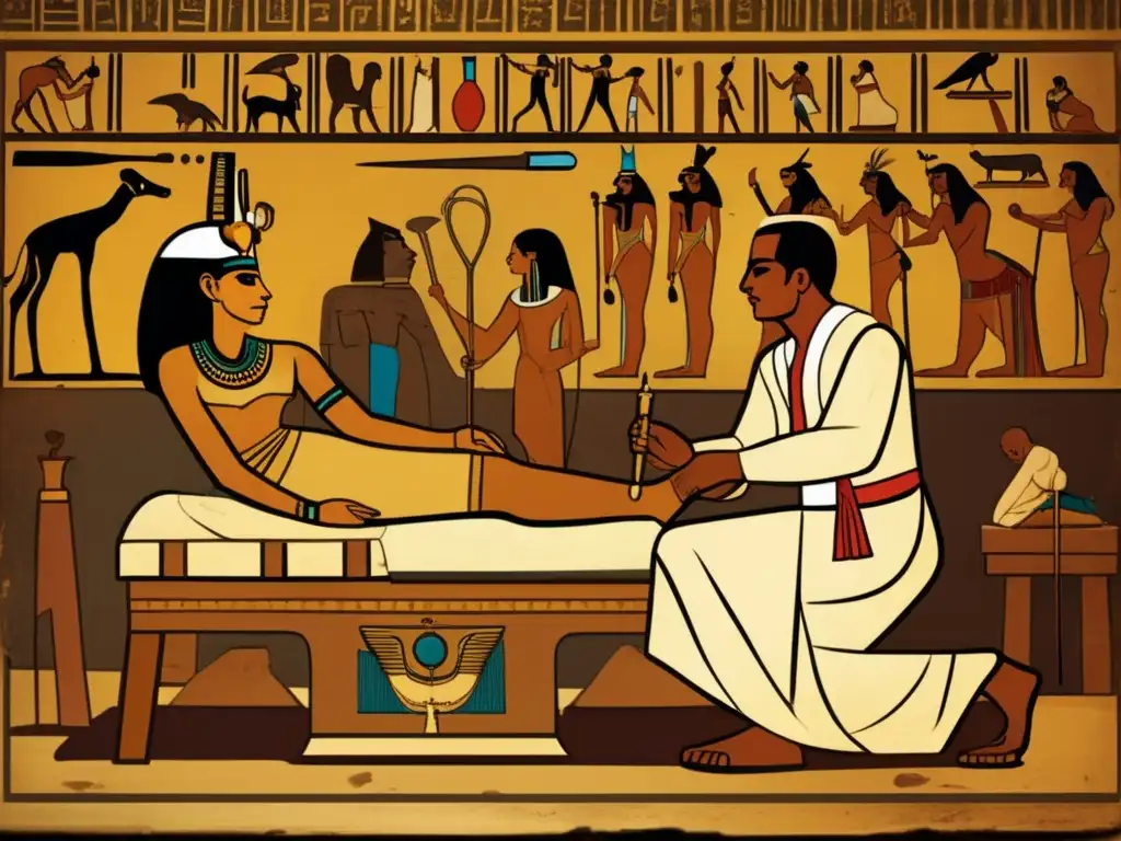 En un escenario estilo vintage, un médico egipcio antiguo examina a un paciente con deformidades, usando herramientas y técnicas médicas ancestrales