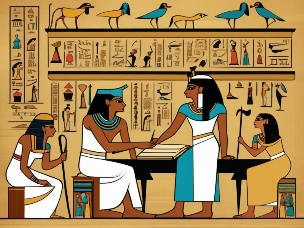 Escenas vibrantes de la antigua Egipto muestran a escribas en atuendos tradicionales, concentrados en transcribir y administrar tareas