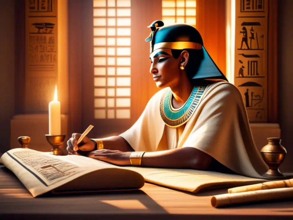 Un escriba egipcio antiguo en su oficina, rodeado de papiros y pergaminos, vistiendo atuendo tradicional
