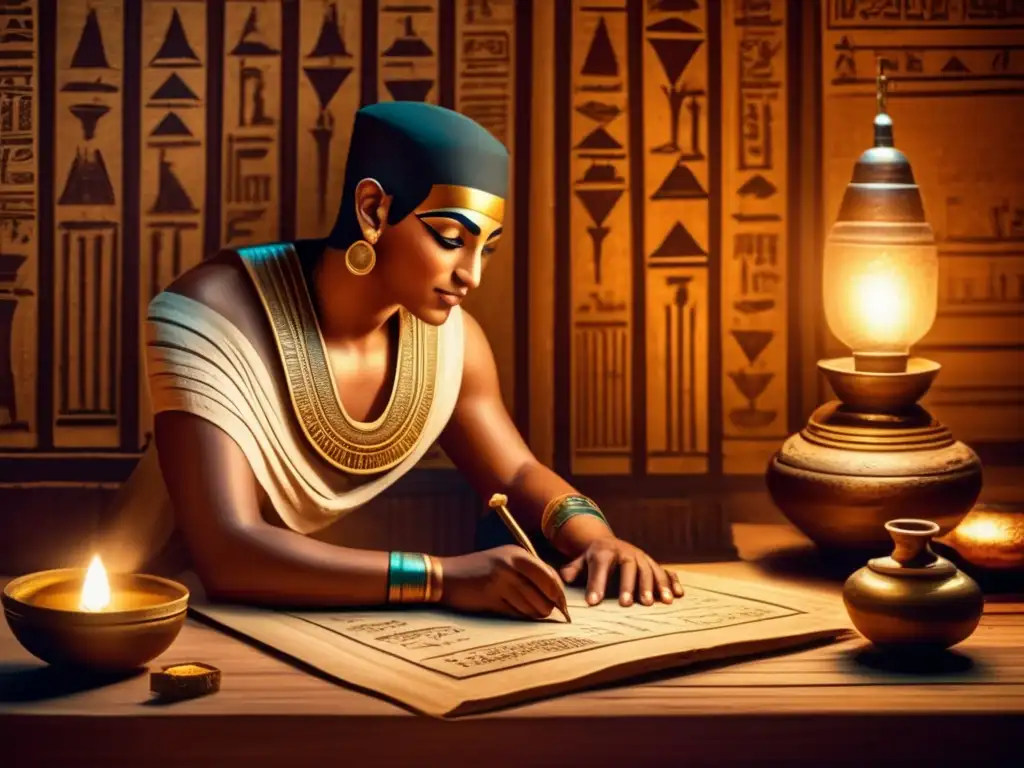 Un escriba egipcio antiguo se sumerge en su trabajo, transcribiendo jeroglíficos en un papiro en una habitación iluminada por una lámpara de aceite