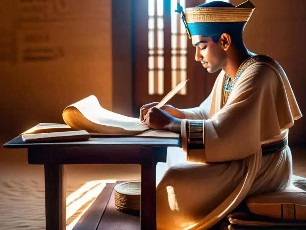 Un escriba egipcio antiguo, vestido con ropa tradicional, trabaja diligentemente en su escritorio de papiros