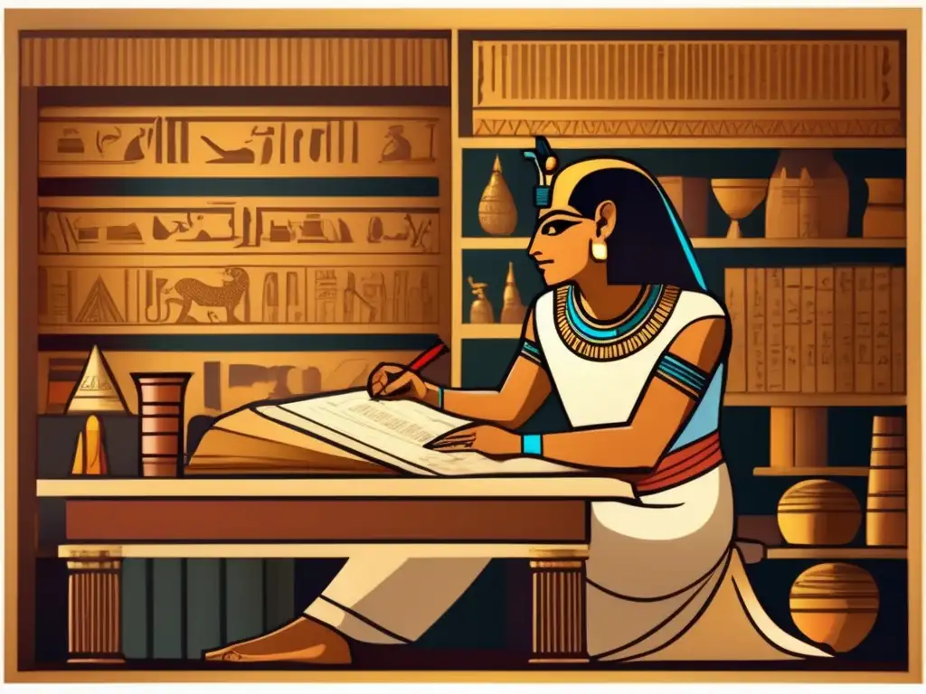 Un escriba egipcio en su estudio, rodeado de rollos y textos antiguos