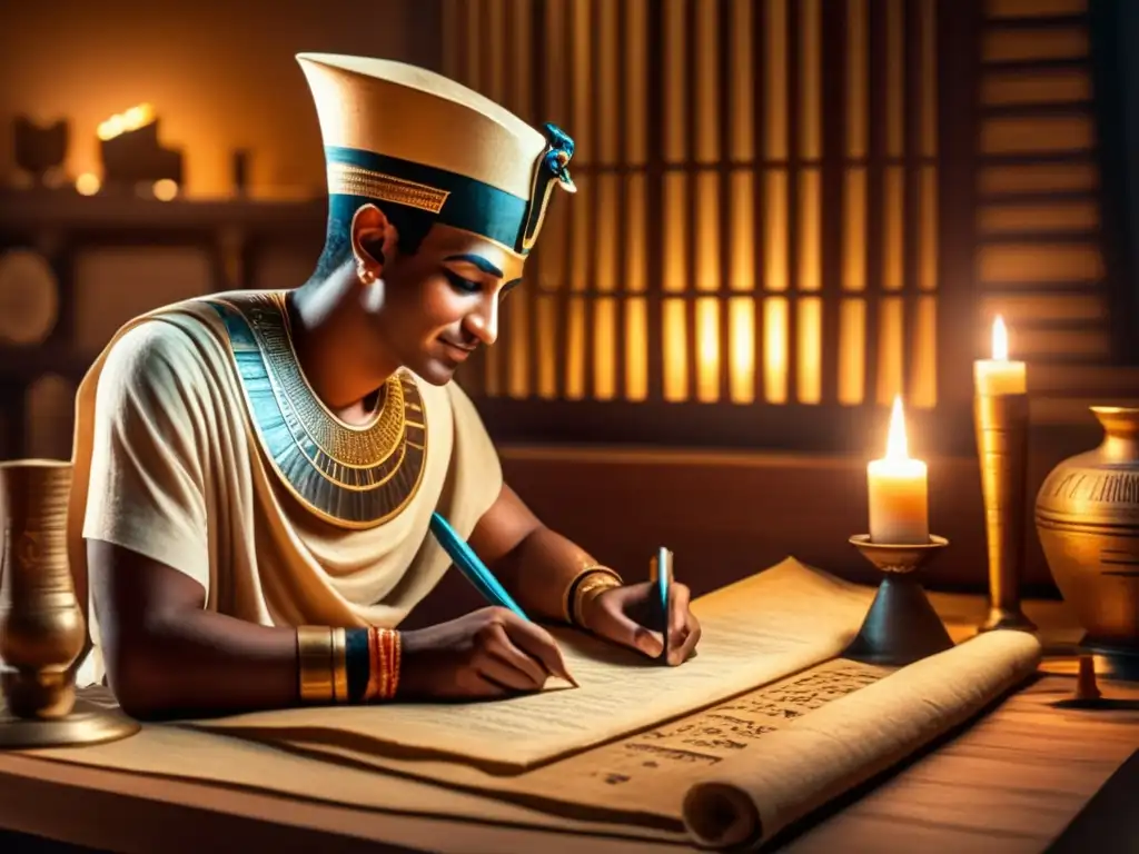 Un escriba egipcio en una habitación tenue, meticulosamente escribiendo jeroglíficos en un pergamino con pluma de ave