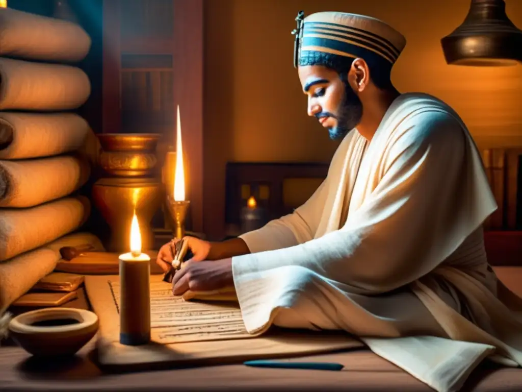 Un escriba egipcio en plena función, iluminado por lámparas de aceite y la luz del sol