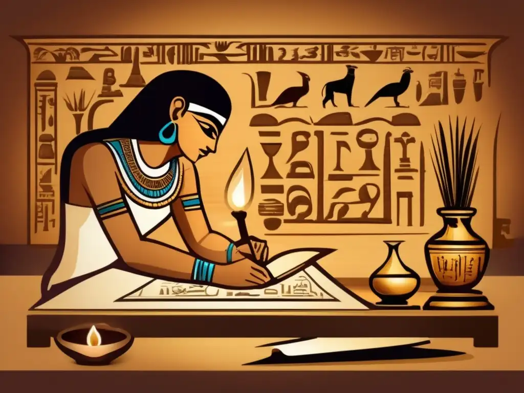 Evolución de la escritura en el antiguo Egipto: Un detallado y vintage dibujo muestra a un escriba egipcio antiguo inscribiendo cuidadosamente jeroglíficos en un rollo de papiro, bajo la suave luz de una lámpara de aceite