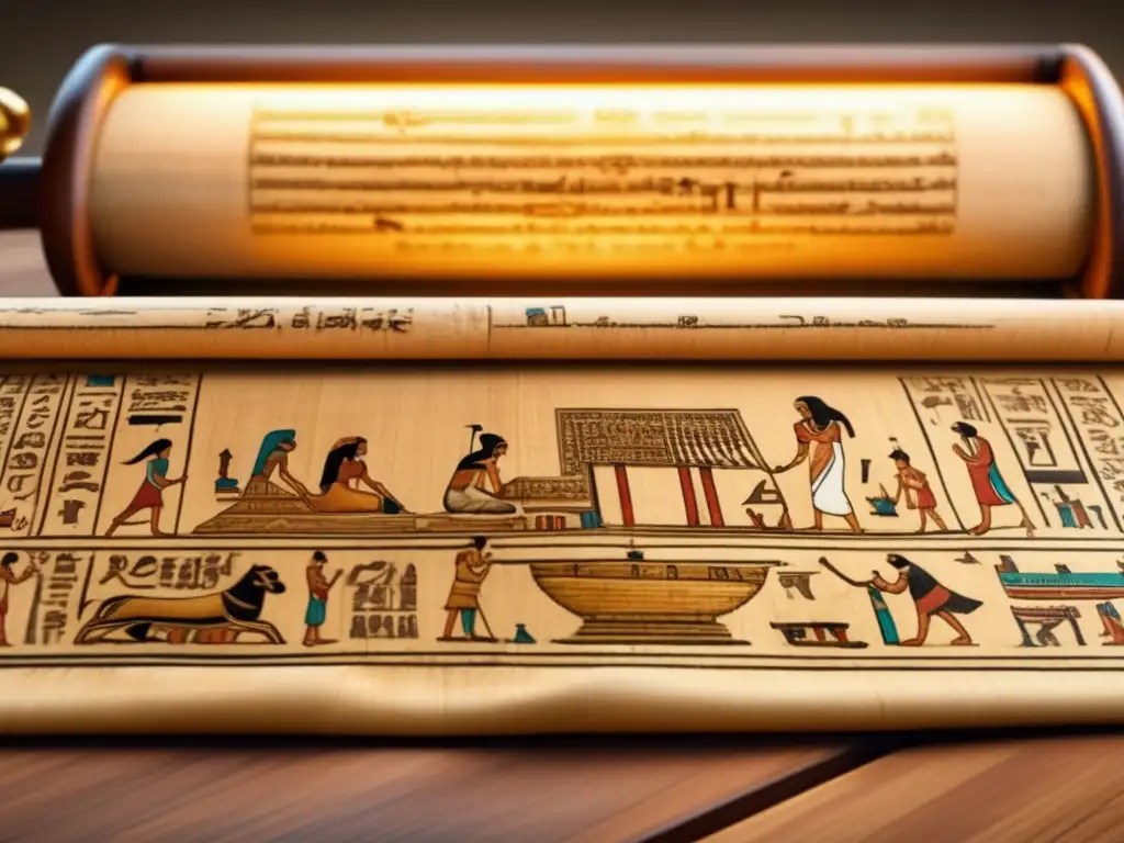 Evolución de la escritura egipcia común: una antigua papiro desplegado en un escritorio de madera iluminado suavemente