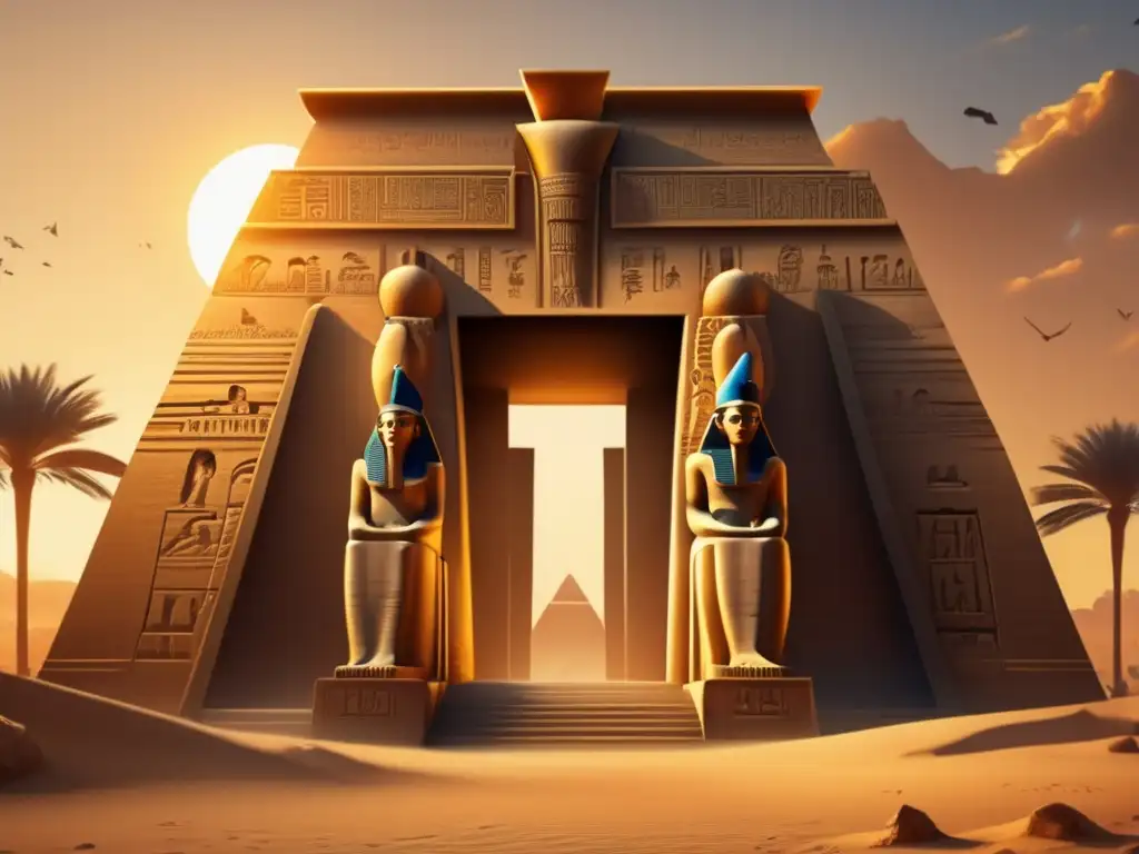Escritura jeroglífica en el Antiguo Egipto: Un templo adornado con intrincadas carvings se alza majestuosamente contra un atardecer dorado, creando una atmósfera mística y sagrada